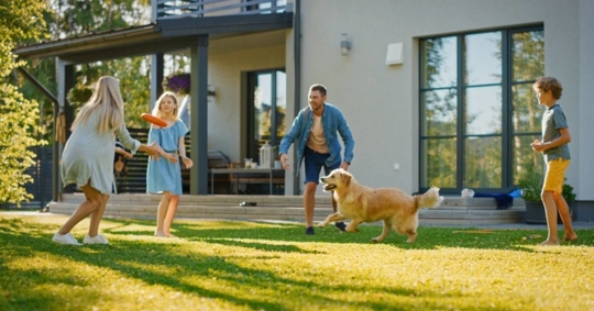 Family of Four Play Fetch flying disc with Happy Golden Retriever Dog on the Backyard Lawn