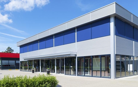 Commercial building with an all-glass first level.